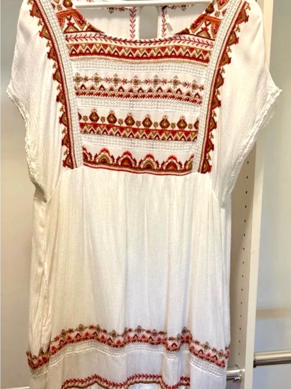 Free People White Tunic with Rust and Tan Embroidery